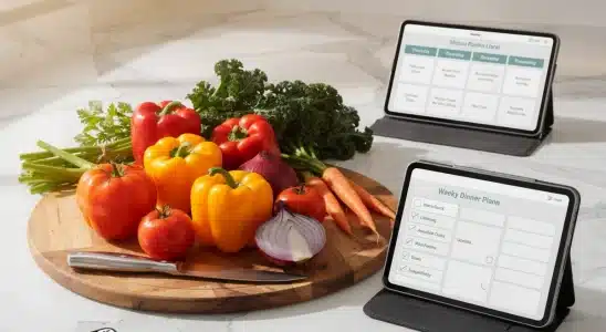Digital tablet and phone on a kitchen counter displaying an organized meal schedule and grocery list.