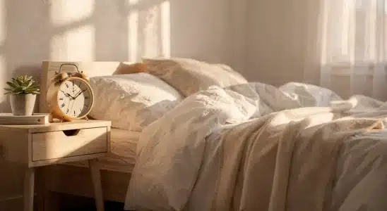 Analog alarm clock on nightstand with warm morning sunlight in a cozy bedroom