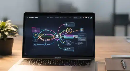 Overview of what are AI agents and how autonomous software workflows operate on a digital display