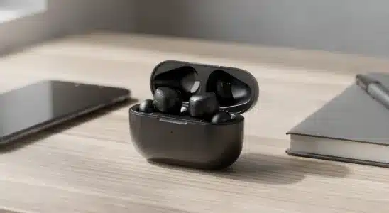 Best budget wireless earbuds in an open charging case on a wooden desk.
