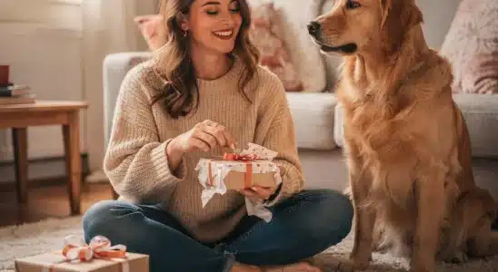 A woman unwrapping a holiday present next to her golden retriever dog in a bright living room.
