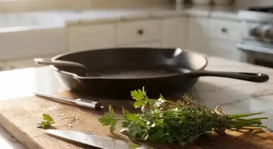 Assortment of high-quality kitchen tools and gifts for home cooks arranged on a butcher block counter.