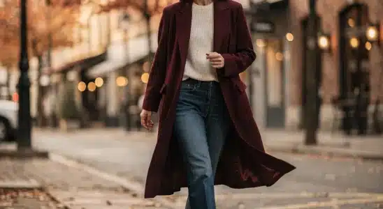 Woman wearing a chic burgundy coat and knit sweater for fall