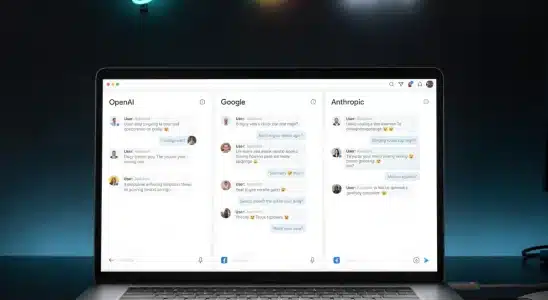Comparison layout of ChatGPT, Google Gemini, and Anthropic Claude interfaces on a laptop screen.
