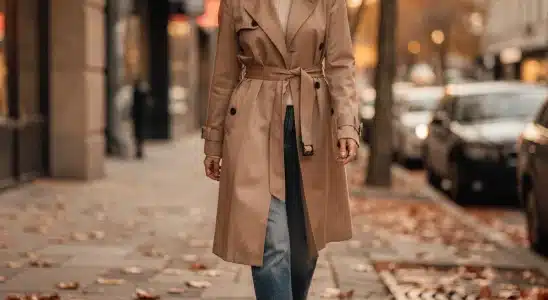 Woman wearing a sleek layered fall outfit with camel coat and turtleneck