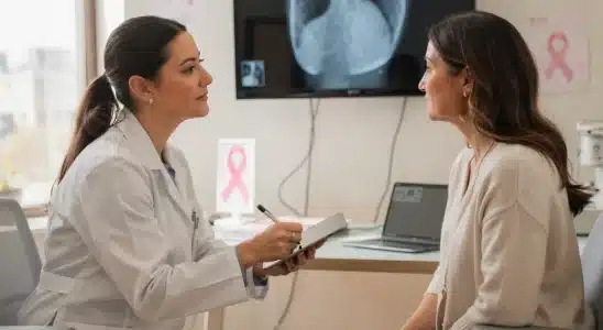 Doctor explaining breast cancer screening guidelines to a patient in a medical office