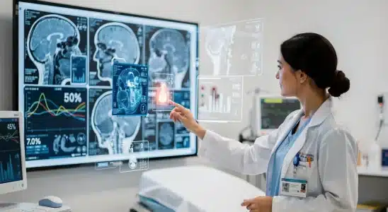 Doctor analyzing digital health scans with AI tools in a hospital setting