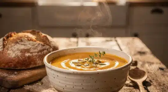 Warm bowl of homemade roasted butternut squash soup topped with pumpkin seeds on a wooden table