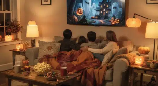 Family watching Halloween movies together in a cozy living room with soft lighting