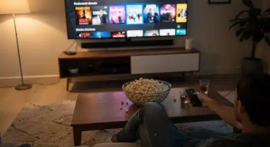 Person streaming free movies on a smart TV in a cozy living room