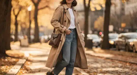Woman styling a classic beige trench coat with jeans and ankle boots on a fall day