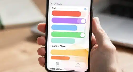 iPhone settings screen showing storage breakdown by category on a clean wooden desk