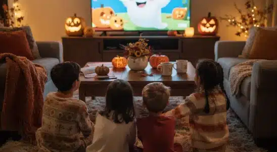 Children watching cute Halloween shows for kids on a living room TV with autumn decorations.