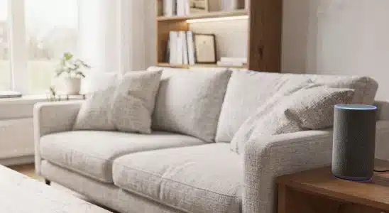 Modern living room featuring budget smart home gadgets like smart speakers and ambient lighting.