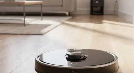 Modern slim robot vacuum cleaning a bright hardwood living room floor near an automated charging dock.