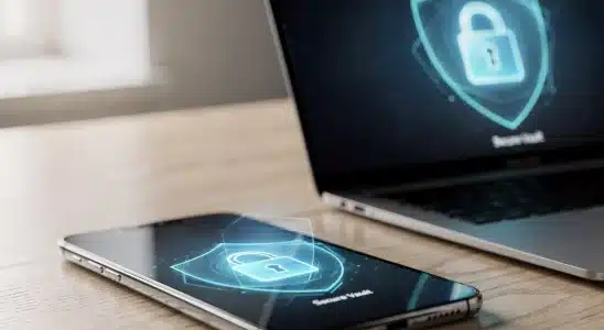 Digital security lock illustration on a smartphone screen showing password management technology