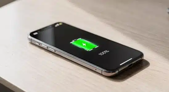 Smartphone displaying a full battery icon on a clean desk