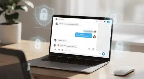 Laptop displaying an AI chatbot interface with digital security icons representing data privacy.