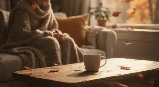 Person sitting near a window with a warm drink noticing seasonal changes in autumn daylight