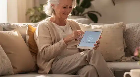 Senior woman smiling while using a tablet with an AI chatbot at home.