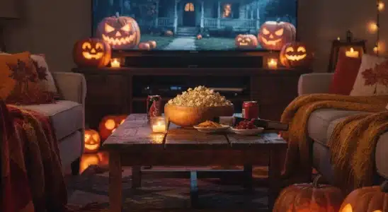 Cozy living room setup for streaming spooky movies in October with pumpkins and popcorn