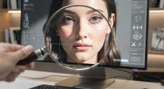 Close-up screen view of digital tools analyzing an AI-generated face for visual discrepancies.