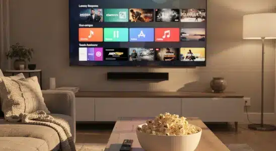 Smart TV screen showing modern streaming app options in a comfortable living room.