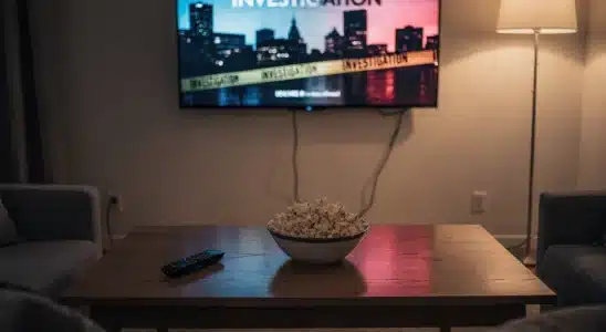 Living room setup showing a television playing a true-crime documentary on a streaming app.