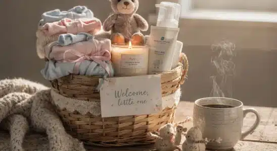Cozy gift basket with relaxation items for a new mom on a wooden table